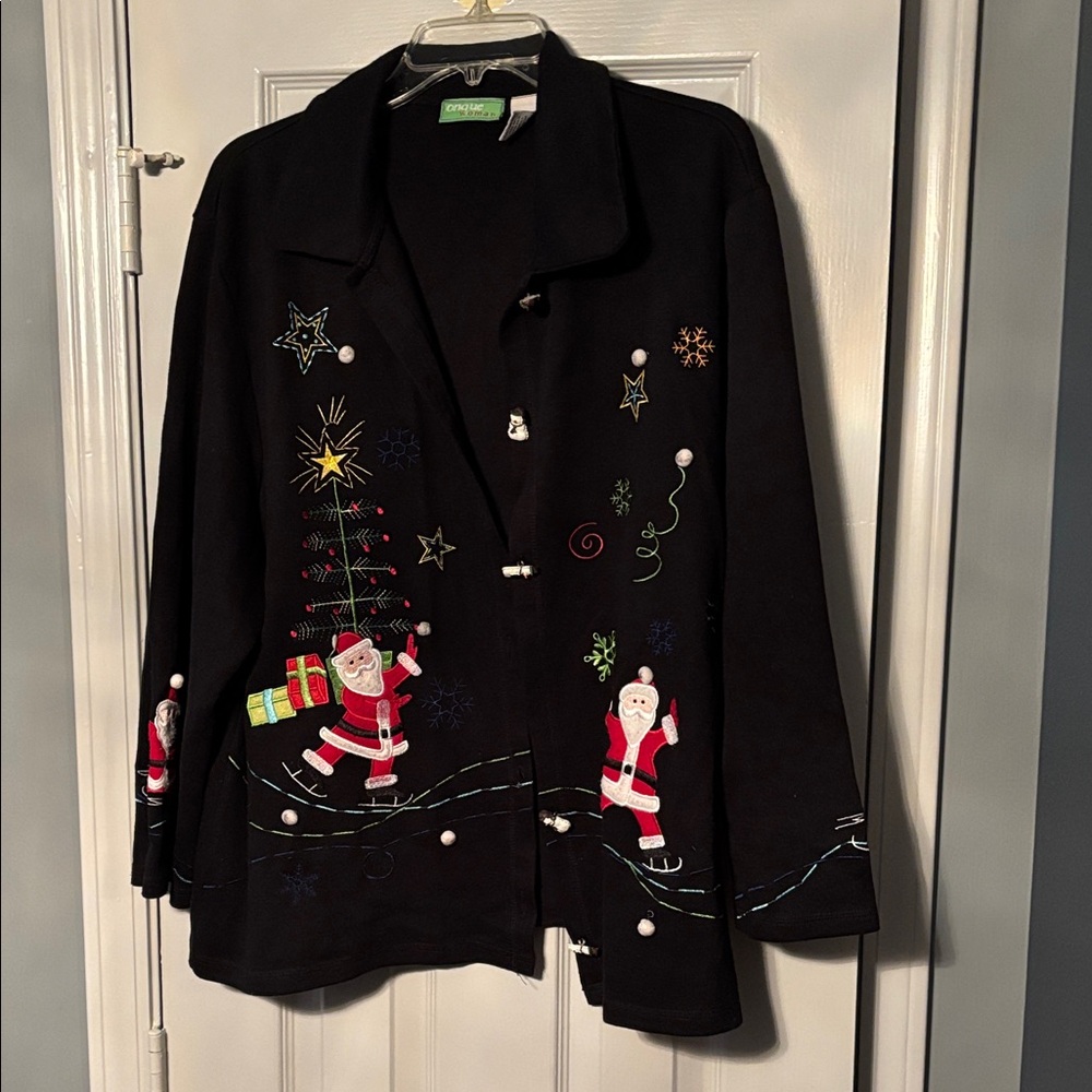 Onque Black Sweater Jacket with Ice Skating Santa Embroidery & Snowman Buttons